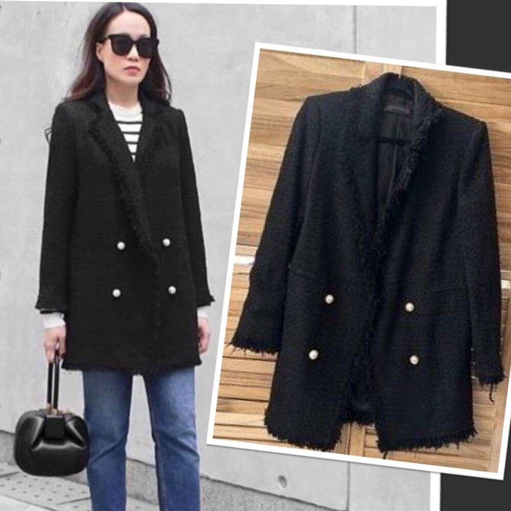 Zara Women's Black Frayed Tweed Boucle Blazer Jacket w Pearl Buttons, Small EUC